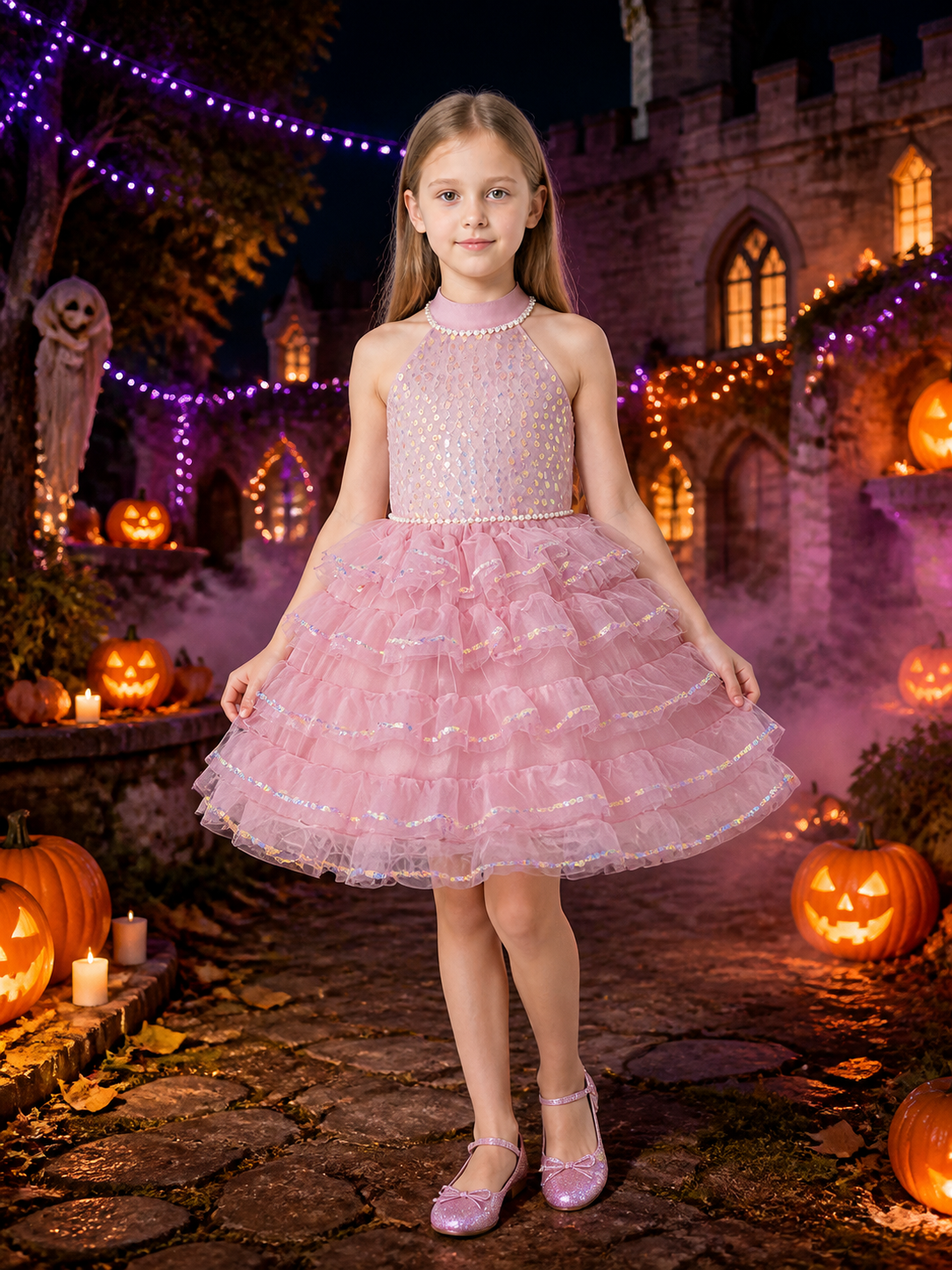 Girls' Princess Dress, Sequined Pearl-Beaded Layered Tulle Tutu Party Dress Costume Dresses detail 2