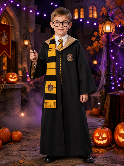 Wizard School Robe Costume Set, Chest Badge, Hooded Collar, Yellow Black Tie & Costumes detail 2