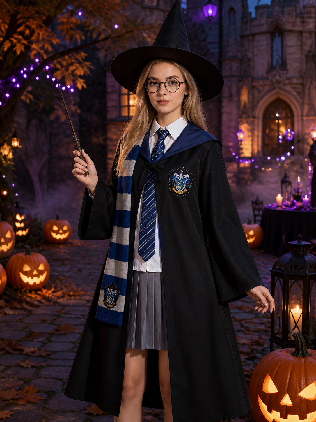 Wizard Robe Costume Set with Hat, Scarf, Glasses and Wand, Halloween Cosplay Costume Headwear detail 2