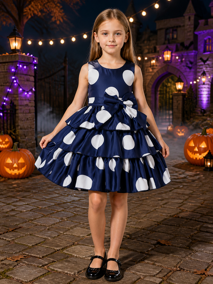 Girls' Navy Polka Dot Princess Dress with Bow and Layered Ruffle Skirt Costume Dresses detail 2