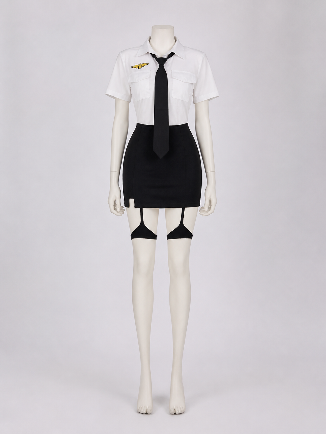 Women's Police Role Play Costume Set - White Short Sleeve Top, Black Tie & High Costumes detail 2