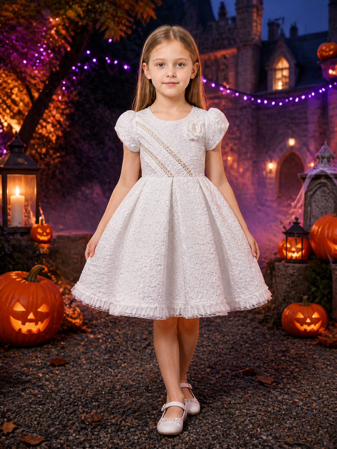 Girls' White Princess Dress, Short Sleeve Floral Embossed Full Skirt Dress Costume Dresses detail 2