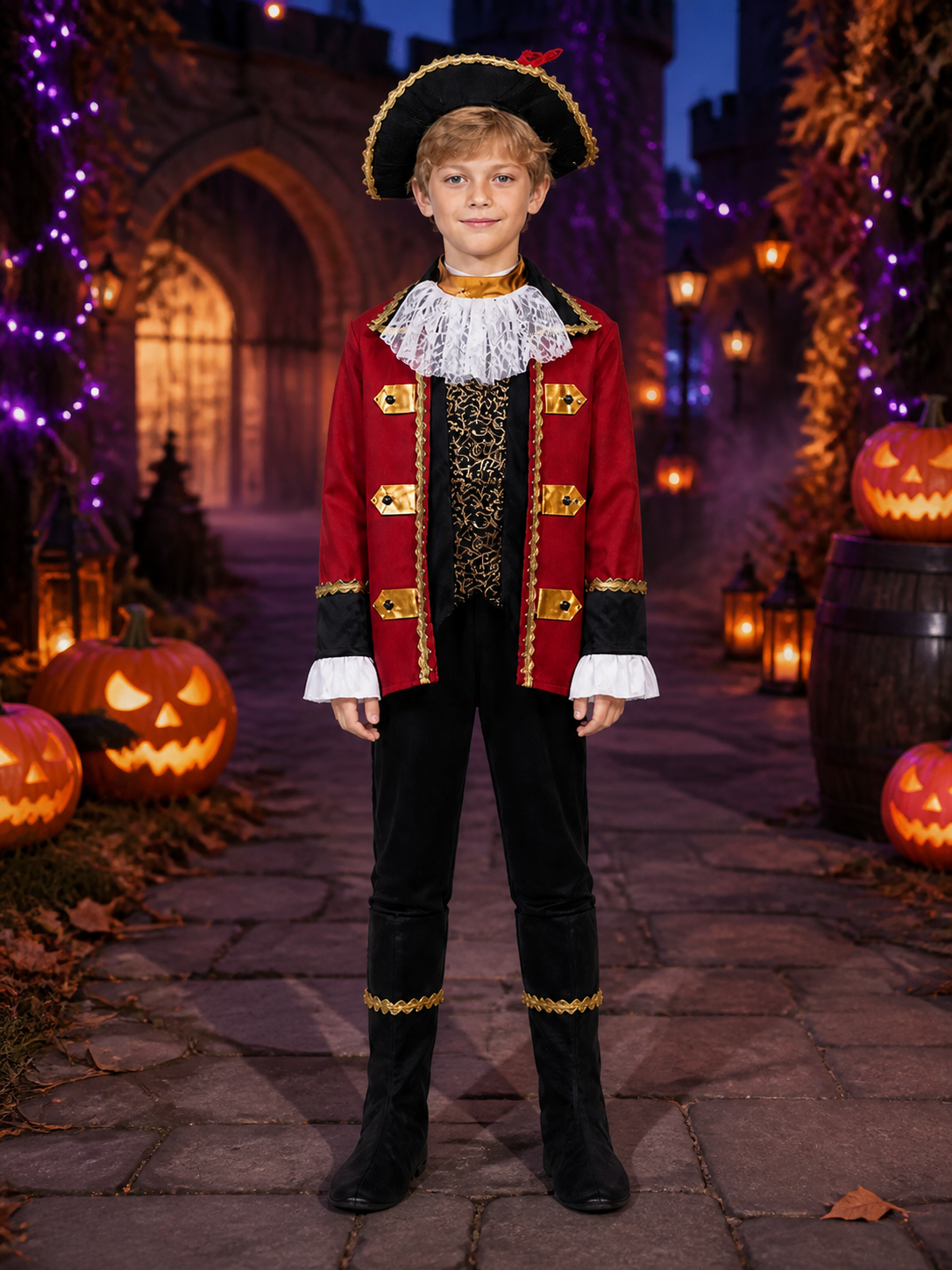 Kids Pirate Captain Costume Set, Red Coat with Gold Trim, Tricorn Hat, and
