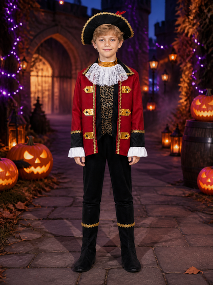 Kids Pirate Captain Costume Set, Red Coat with Gold Trim, Tricorn Hat, and