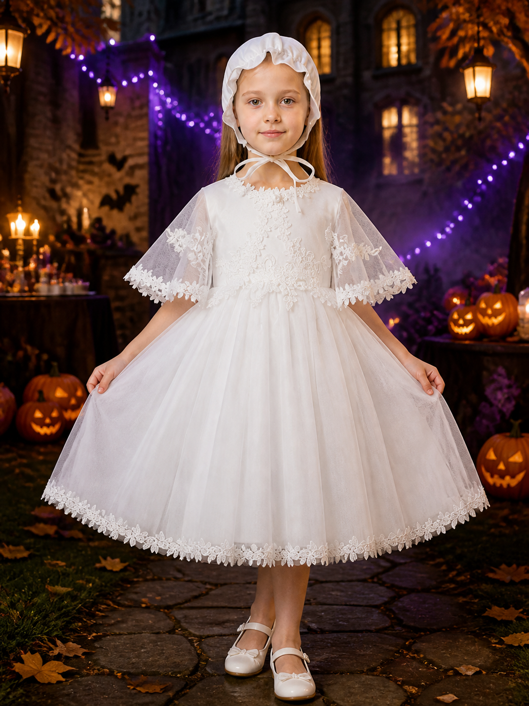 Baby Girls' White Princess Dress With Floral Trim And Ruffle Hat, Outfit Set Costume Dresses detail 2