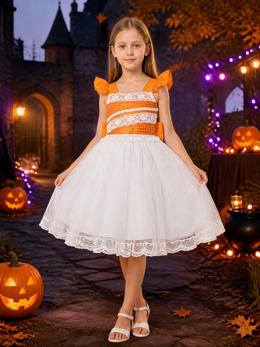 Girls' Orange and White Princess Dress with Puff Sleeves and Lace Trim Costume Dresses detail 2