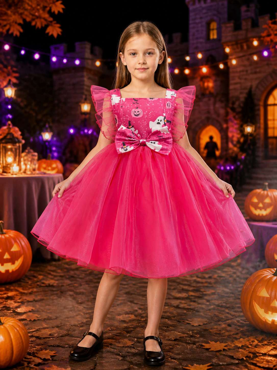 Girls' Halloween Character Dress with Pumpkin, Ghost and Skeleton Prints Costume Dresses detail 2