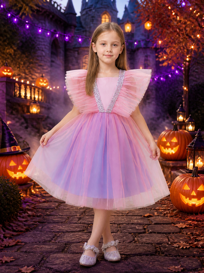 Girls' Gradient Tulle Princess Dress with Layered Skirt and Rhinestone Bow Costume Dresses detail 2