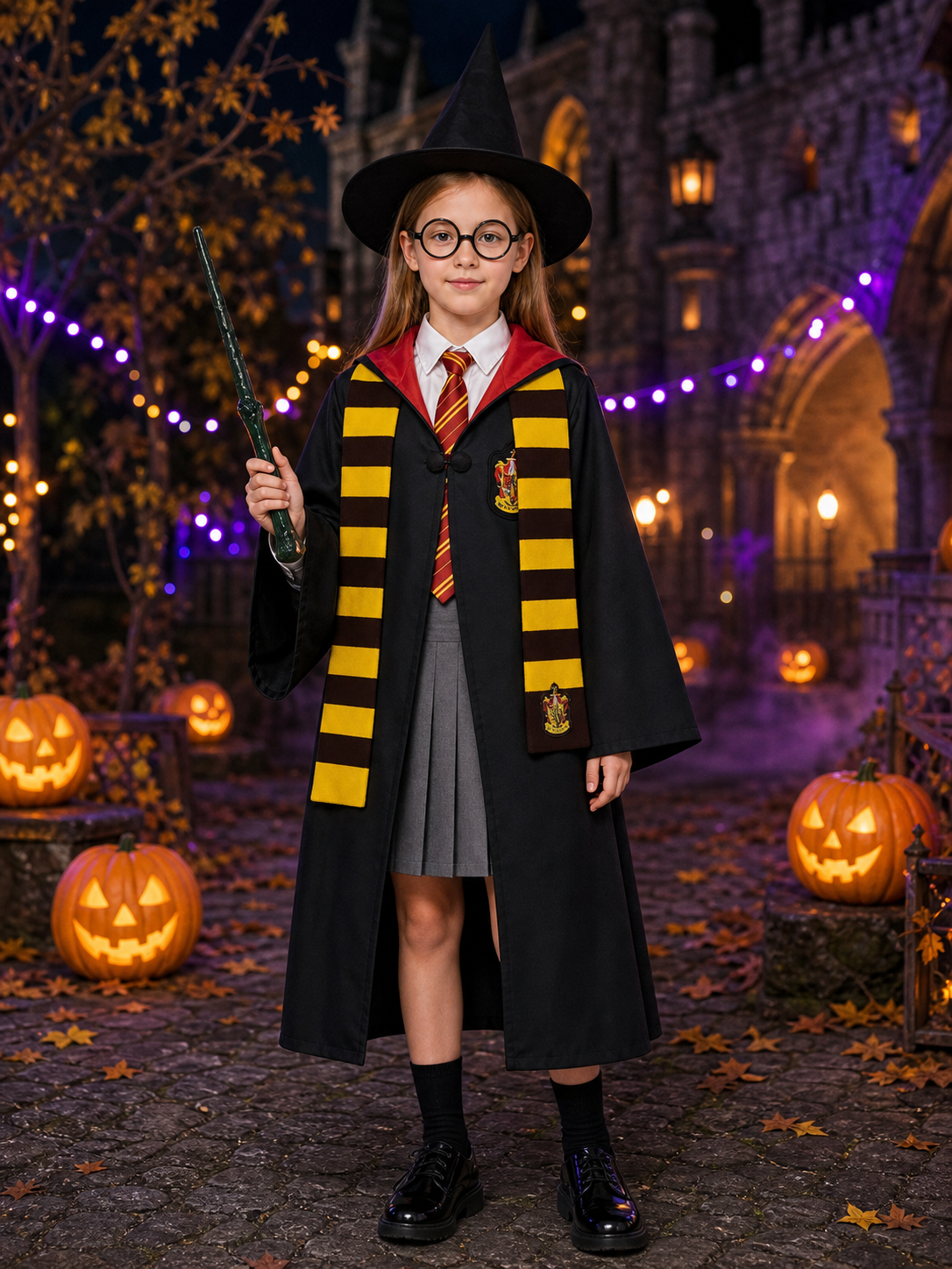 Kids Wizard Costume Set With Hooded Robe, Hat, Glasses, Wand, Scarf And Tie Costume Headwear detail 2