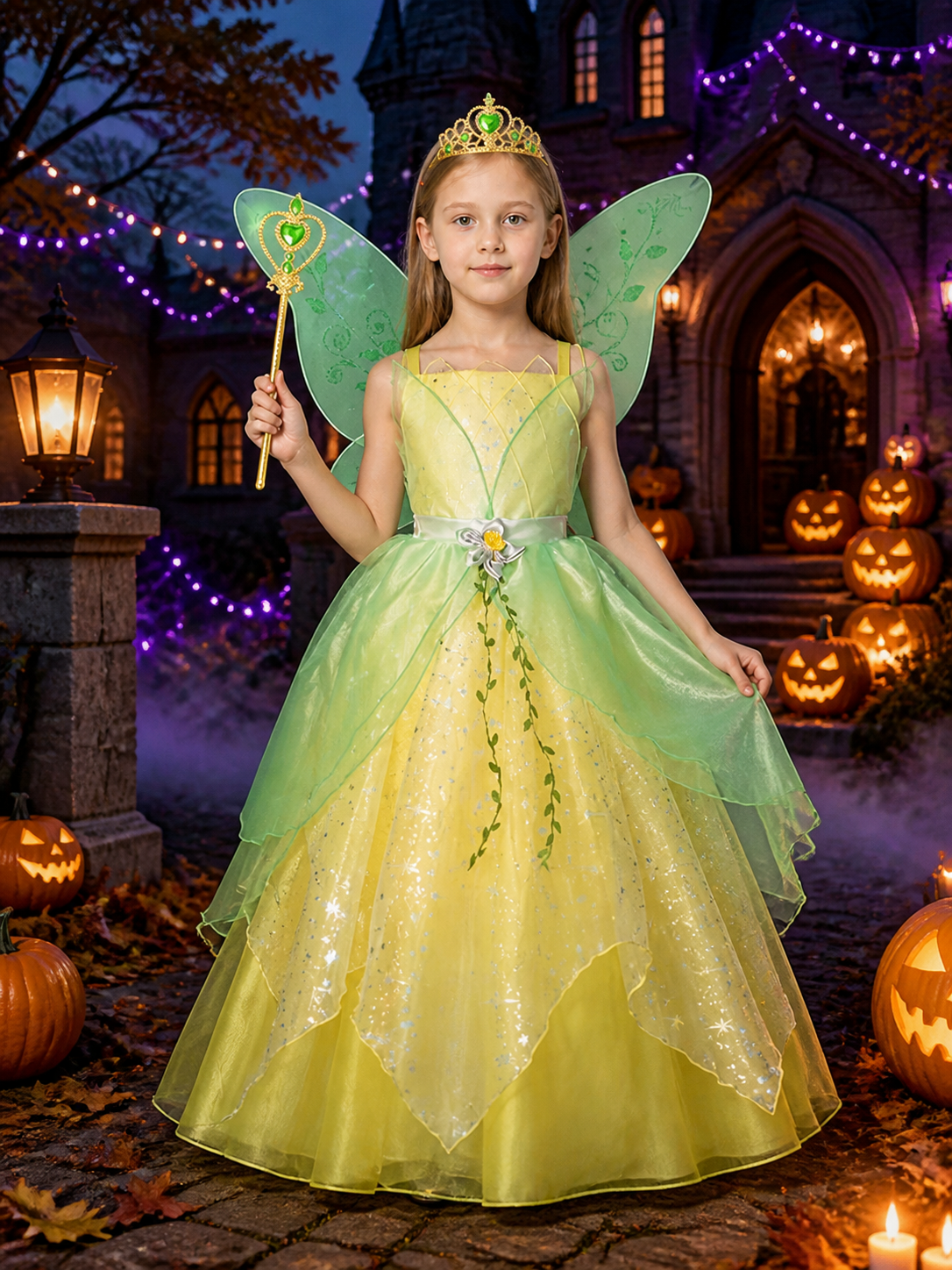 Girls Princess Dress Costume Set with Crown and Magic Wand, Green and Yellow Costume Dresses detail 2