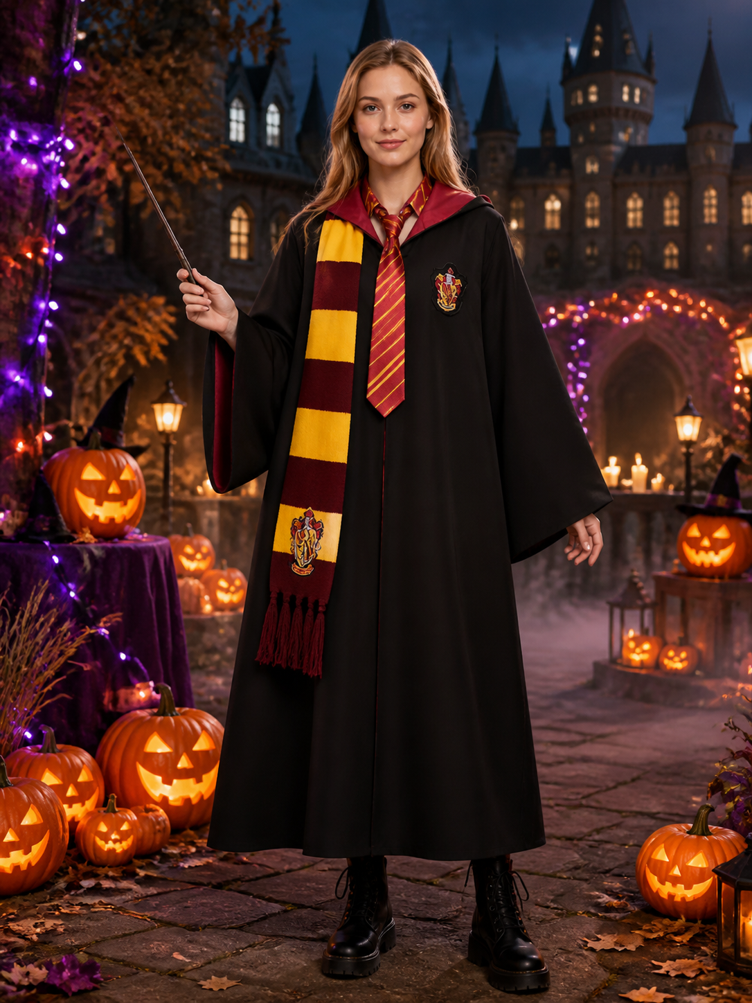Academy Wizard Robe Costume Set with Red and Yellow Striped Scarf and Tie Costumes detail 2