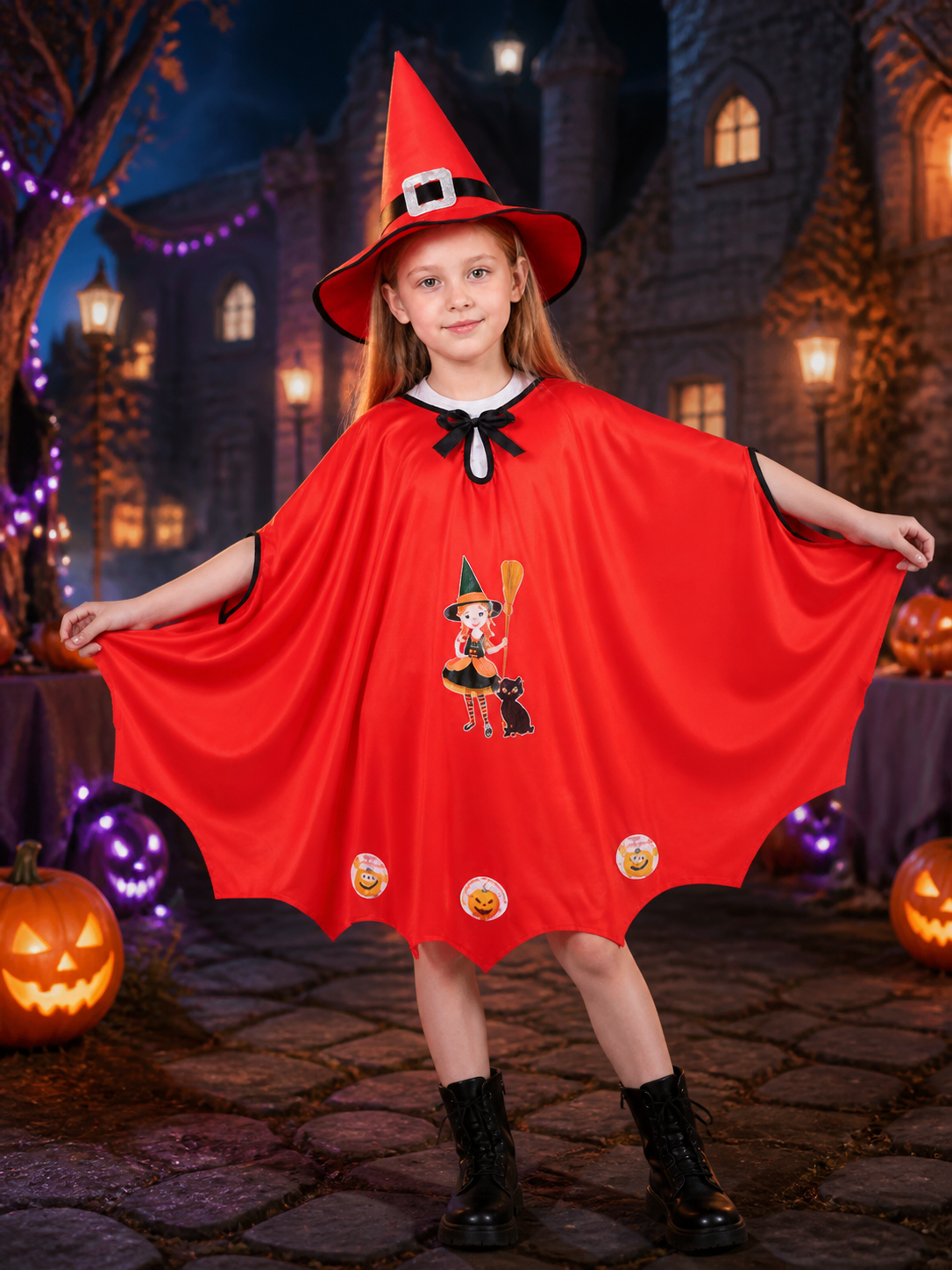 Kids Witch Costume Set with Cape and Hat, Red Wizard Cloak Halloween Outfit Costume Capes detail 2