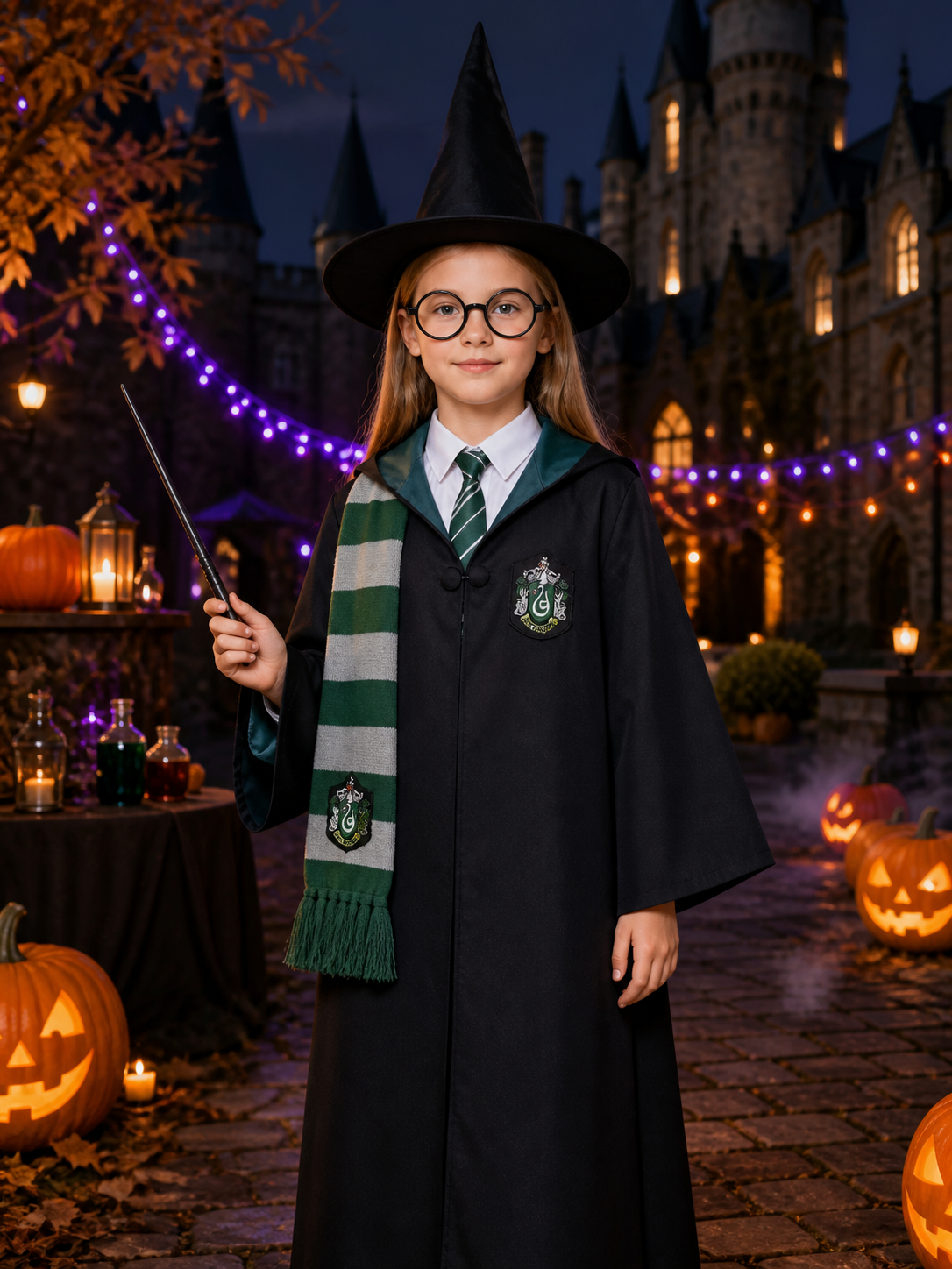 Wizard Costume Set with Robe, Hat, Scarf, Tie, Glasses, Shirt and Wand Costume Headwear detail 2