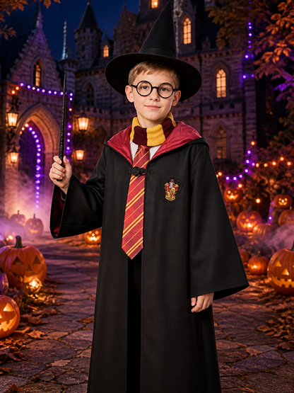 Kids Wizard Robe Costume Set with Hood, Burgundy Gold School Crest, Includes Costumes detail 2