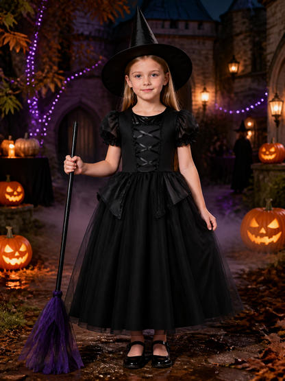 Kids Witch Costume Dress with Hat, Black & Purple Tutu Princess Halloween Outfit Costume Dresses detail 2