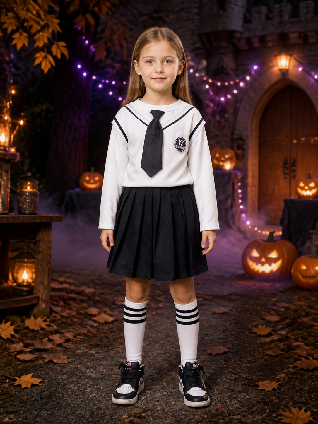 Kids Wizard School Uniform Costume Set, White Long Sleeve Sailor Top with Black Costumes detail 2