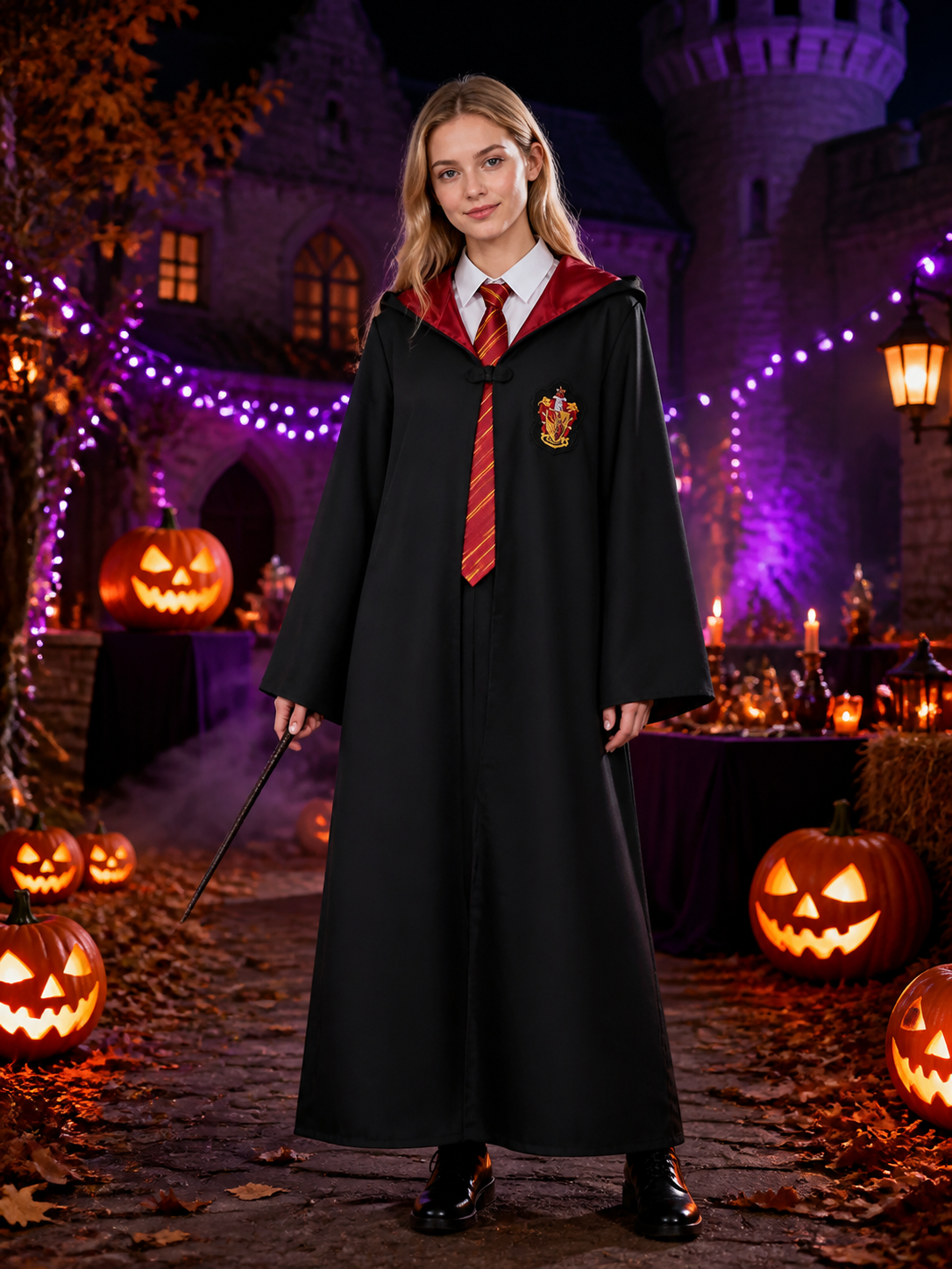 Wizard Hooded Robe Costume Set with House Badge and Striped Tie, Halloween Costumes detail 2