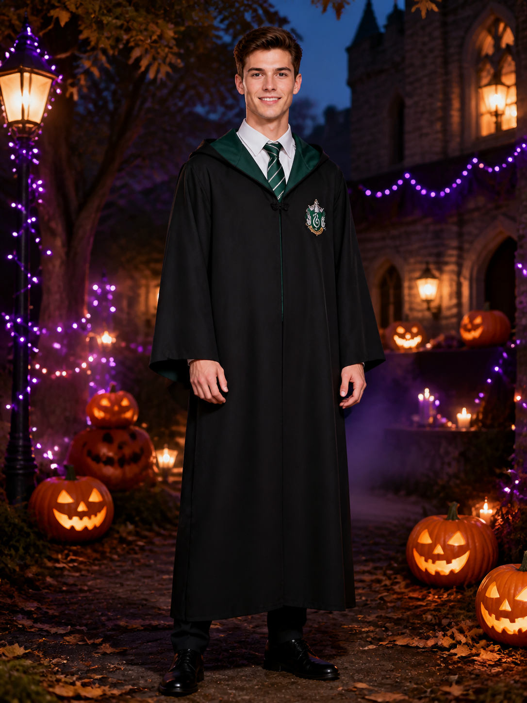 Slytherin Hooded Wizard Robe Costume Set with Striped Tie and Crest Costumes detail 2