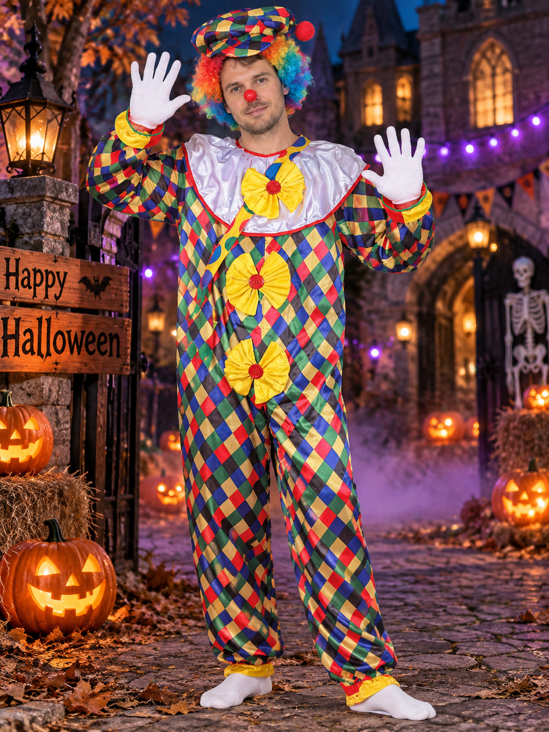 Clown Costume with Fluffy Collar, Hat, and Bows