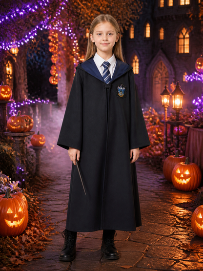 Ravenclaw Hooded Wizard Robe Costume with Stripe Tie, College Halloween Outfit Costumes detail 2