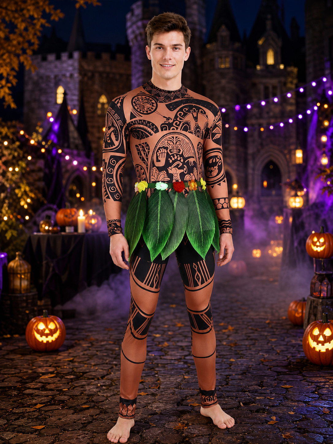 Maui Cosplay Onesie Costume with Tribal Tattoo Print, Leaf Skirt and Flower Belt on-model Halloween scene view