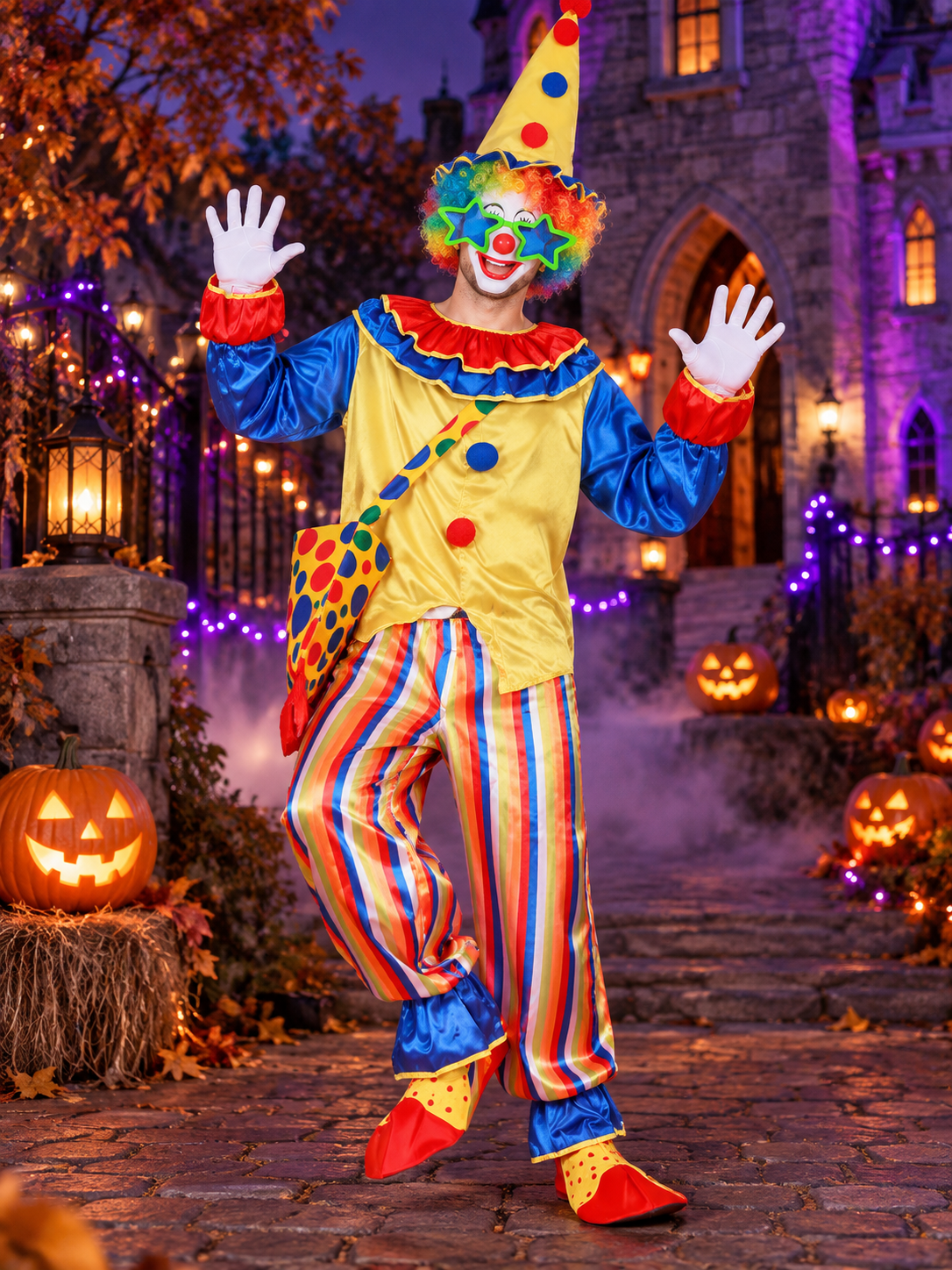 Clown Costume with Yellow Top, Pants, and Polka-Dot Hat