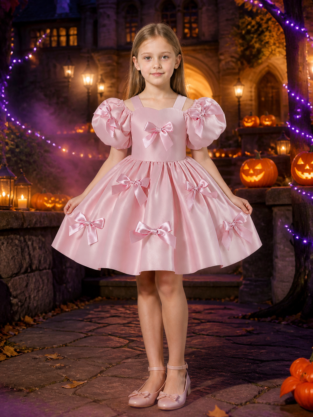 Toddler Girls' Pink Princess Party Dress with Puff Sleeves and Bow Decorations Costume Dresses detail 2