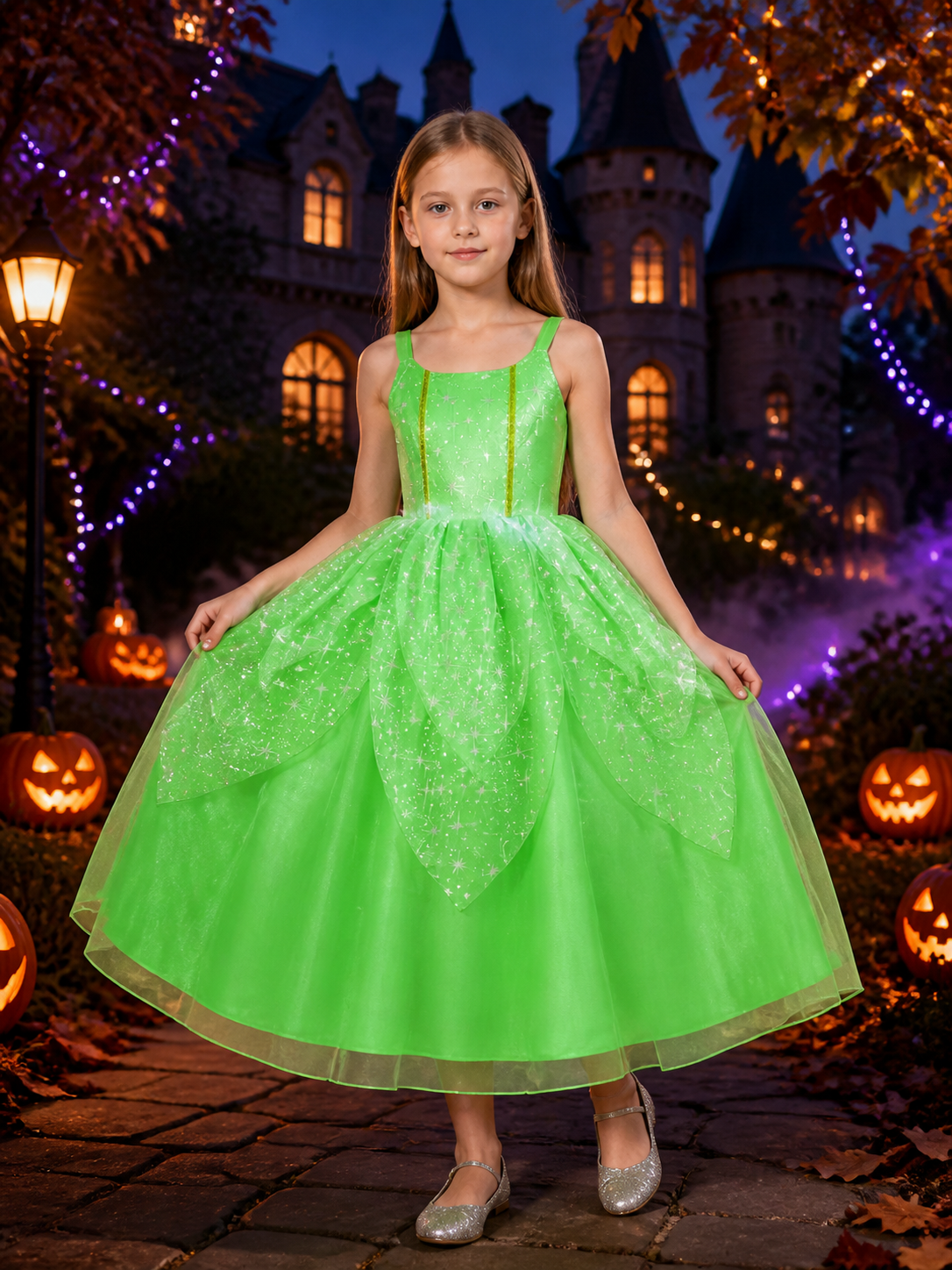 Kids Green Princess Dress Costume with Glitter Stars and Tutu Skirt for Costume Dresses detail 2