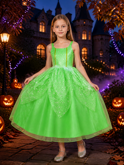 Kids Green Princess Dress Costume with Glitter Stars and Tutu Skirt for Costume Dresses detail 2