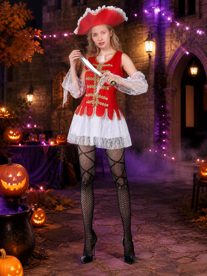 Women's Pirate Costume Set with Red Lace Dress, Hat and Sleeves for Halloween Costume Dresses detail 2