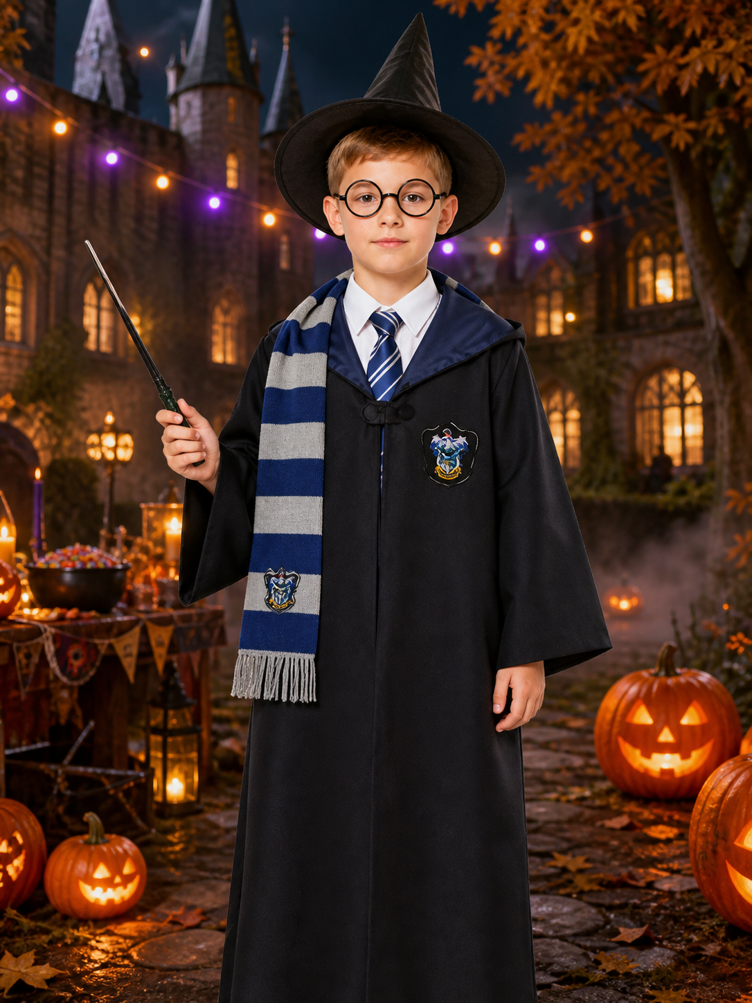 Long Black Wizard Robe Costume Set with Academy Badge, Striped Tie, Scarf Costumes detail 2