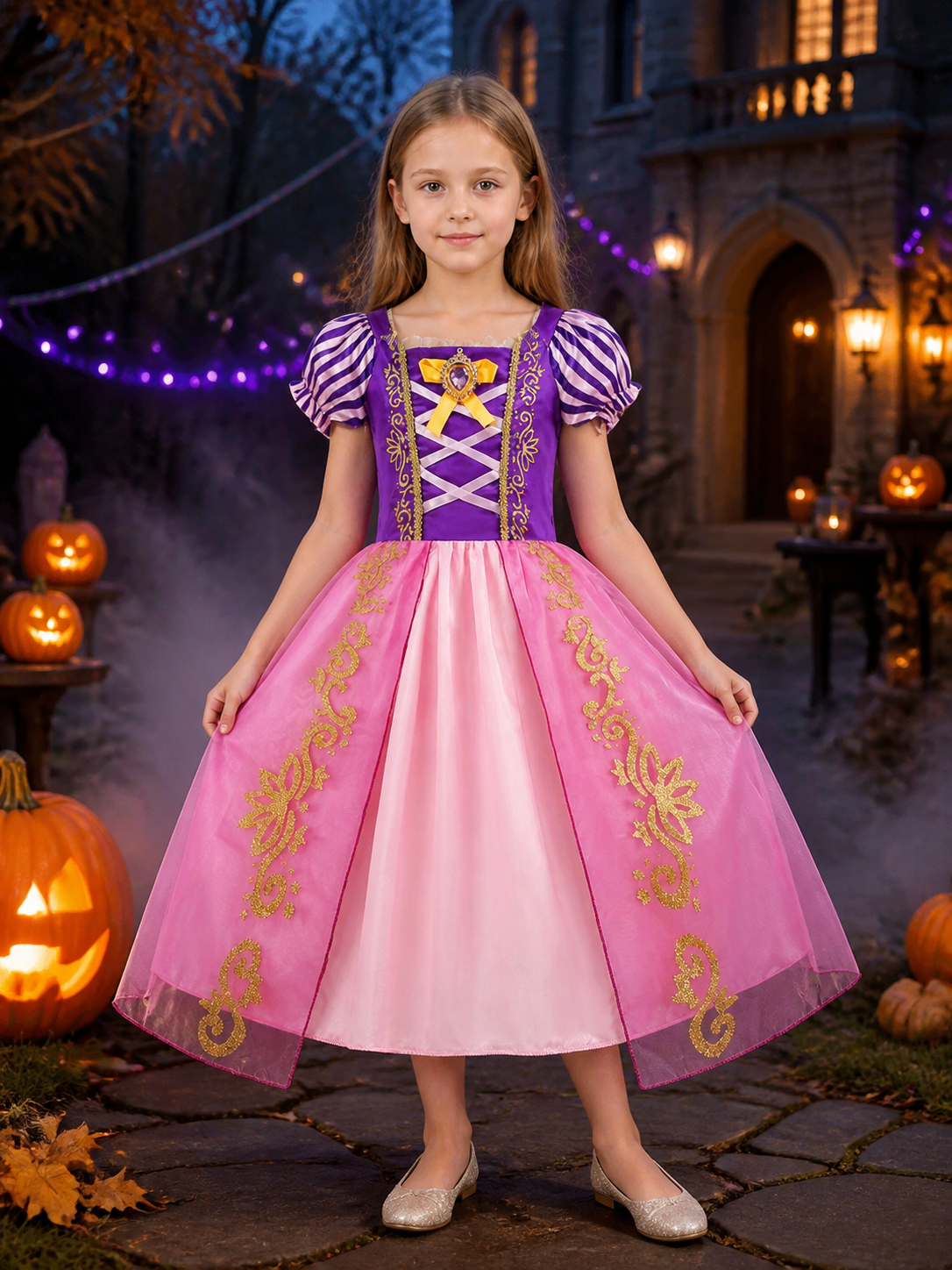 Girls Princess Dress Costume, Purple Pink Puff Sleeve with Heart Bow, Halloween Costume Dresses detail 2