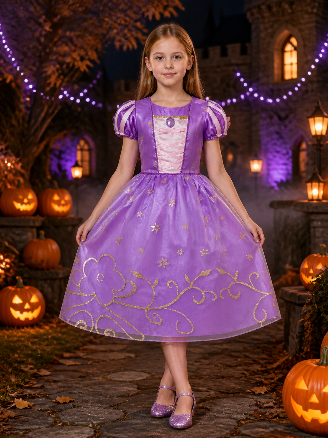 Girls Princess Puff Sleeve Tulle Dress Costume, Star and Floral Print, Halloween Costume Dresses detail 2