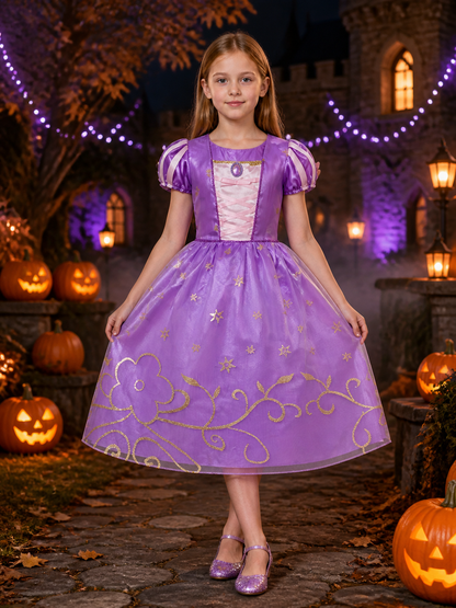 Girls Princess Puff Sleeve Tulle Dress Costume, Star and Floral Print, Halloween Costume Dresses detail 2