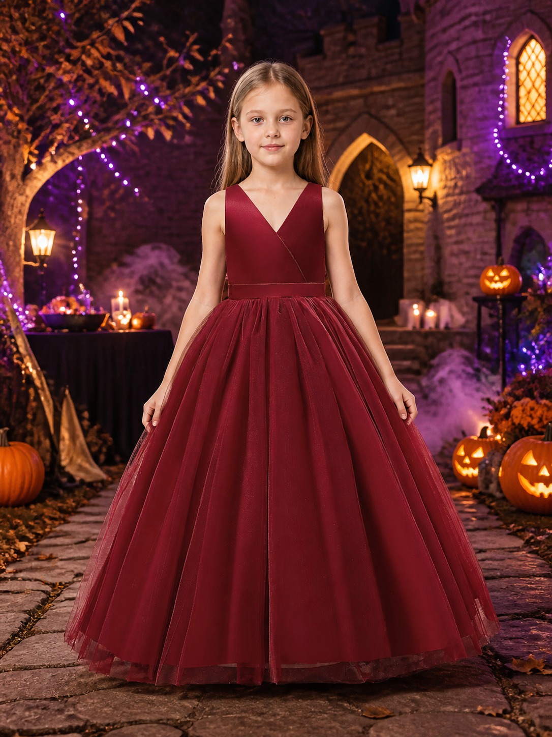 Girls' Maroon Princess Dress, V-Neck Sleeveless Tulle Ball Gown With Bow Costume Dresses detail 2