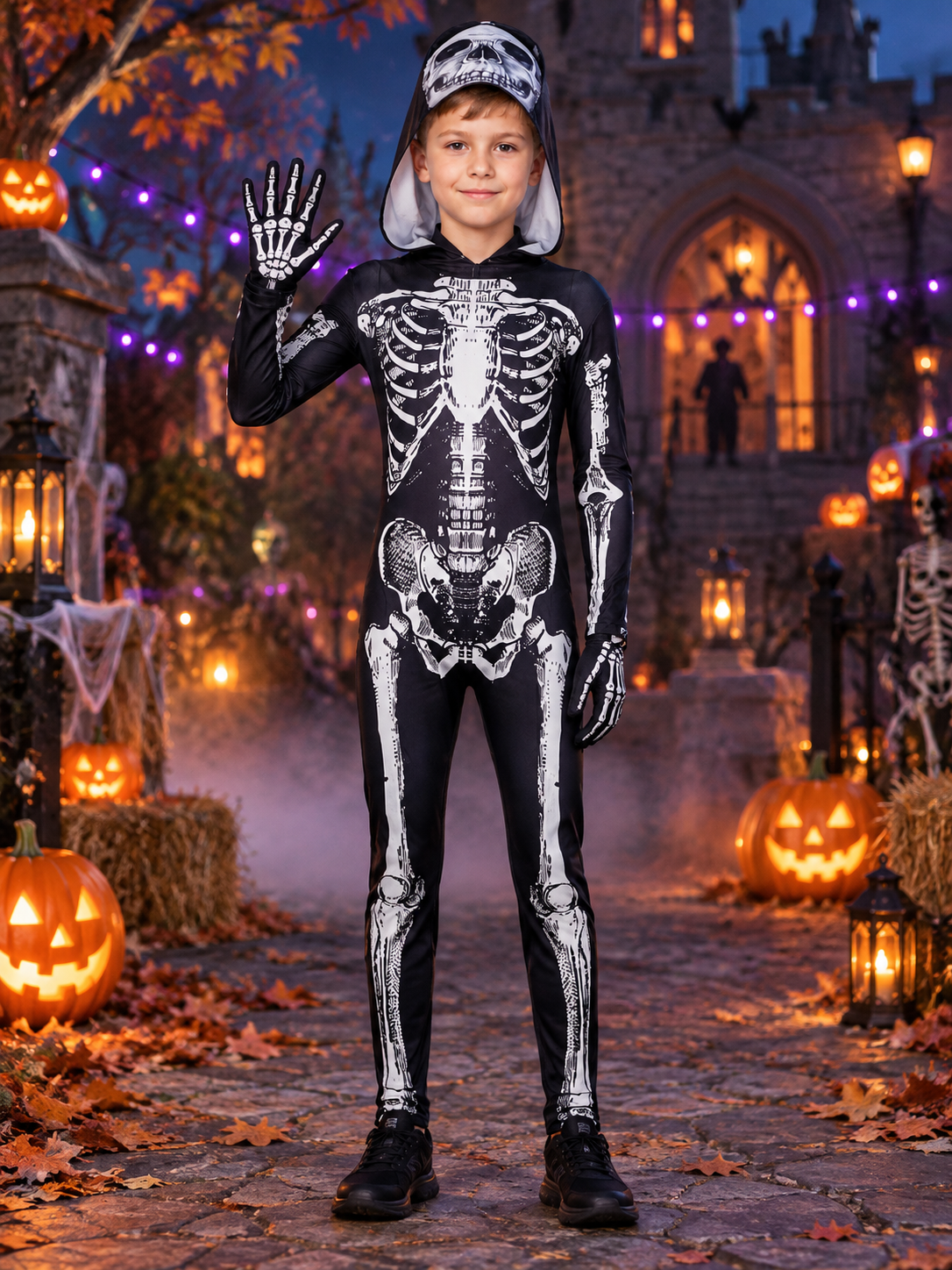 Skeleton Costume: Black Hooded Jumpsuit with Print