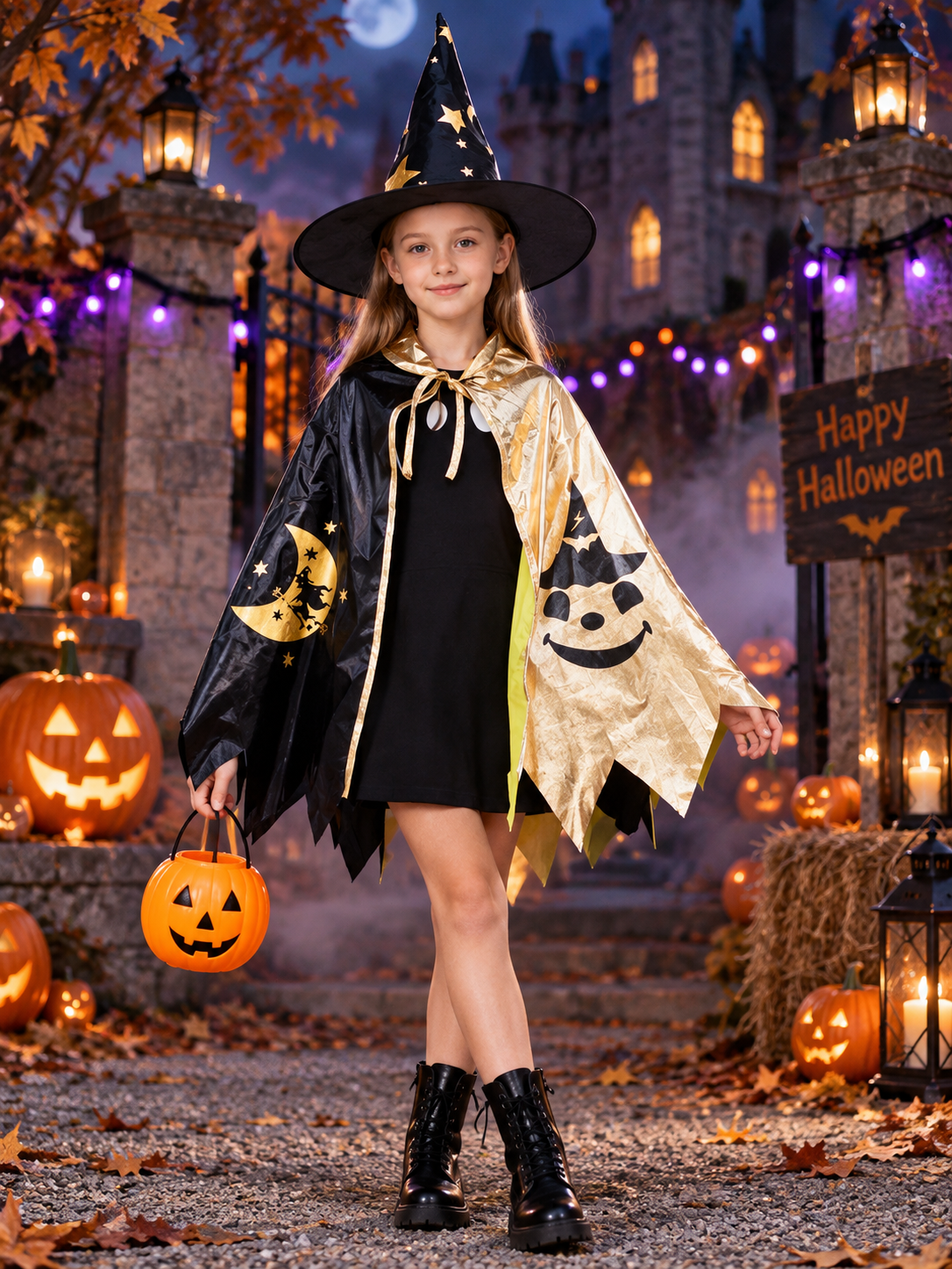 Kids' witch carnival costume with cape and hat