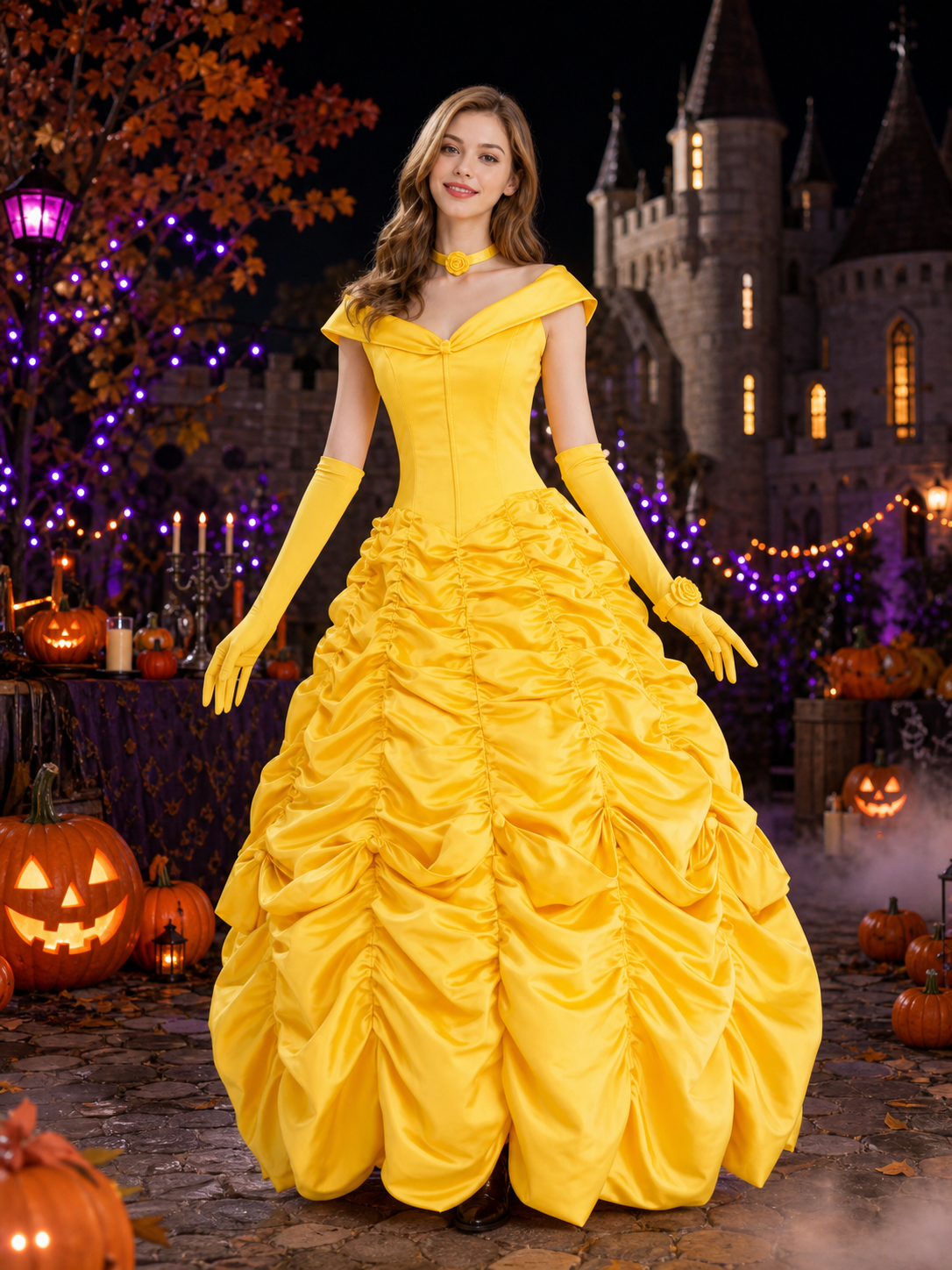 Women's Yellow Princess Costume Dress with Off-Shoulder, Ruffled Skirt, Gloves Costume Dresses detail 2