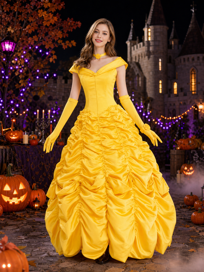 Women's Yellow Princess Costume Dress with Off-Shoulder, Ruffled Skirt, Gloves Costume Dresses detail 2