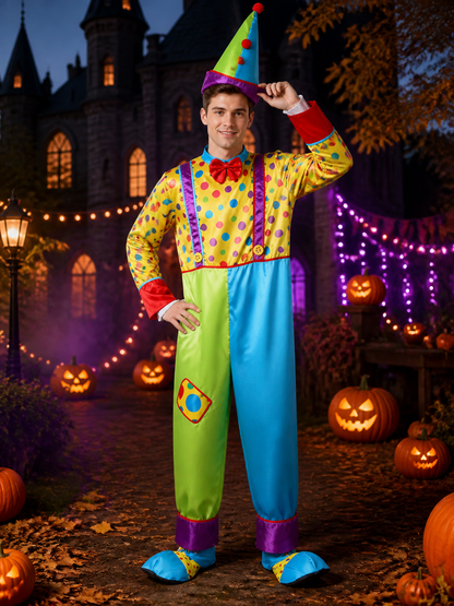 Adult Unisex Clown Jumpsuit Costume, Colorful Dot Print Bodysuit with Matching Costumes detail 2