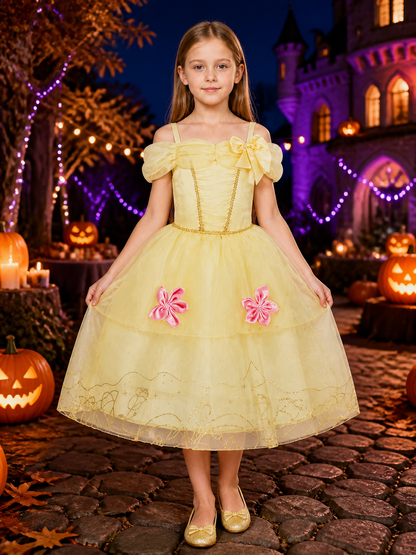 Girls Princess Costume Dress, Light Yellow Party Dress With Bow, Puff Sleeves Costume Dresses detail 2