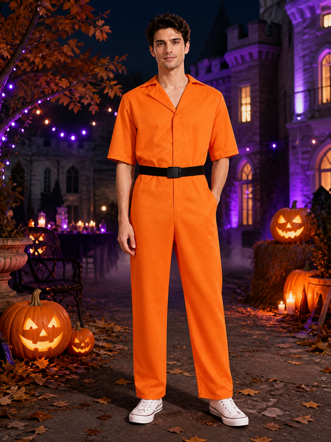 Orange inmate jumpsuit costume with black belt in a Halloween pumpkin scene