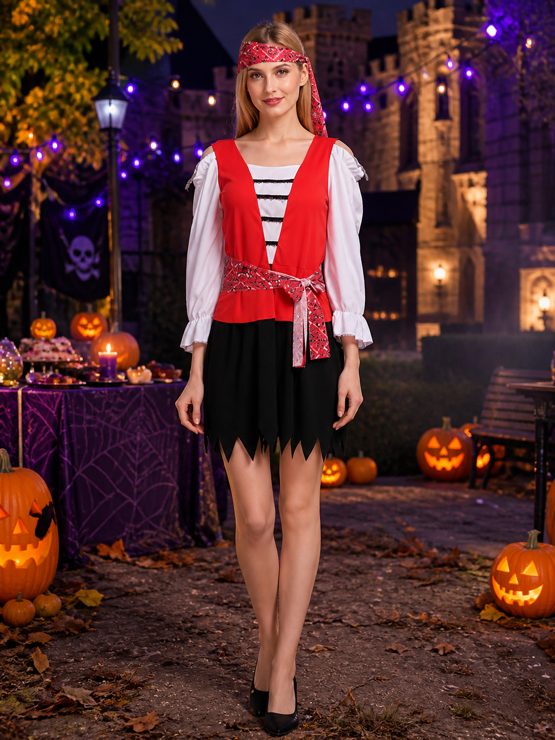 Halloween Pirate Costume Dress Set with Headscarf and Belt, Long Sleeve, Red Costume Dresses detail 2