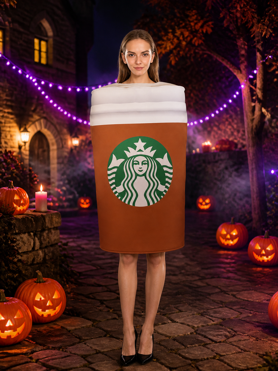 Funny Coffee Cup Drink Costume Jumpsuit, Brown, White & Green Cosplay Outfit Costumes detail 2