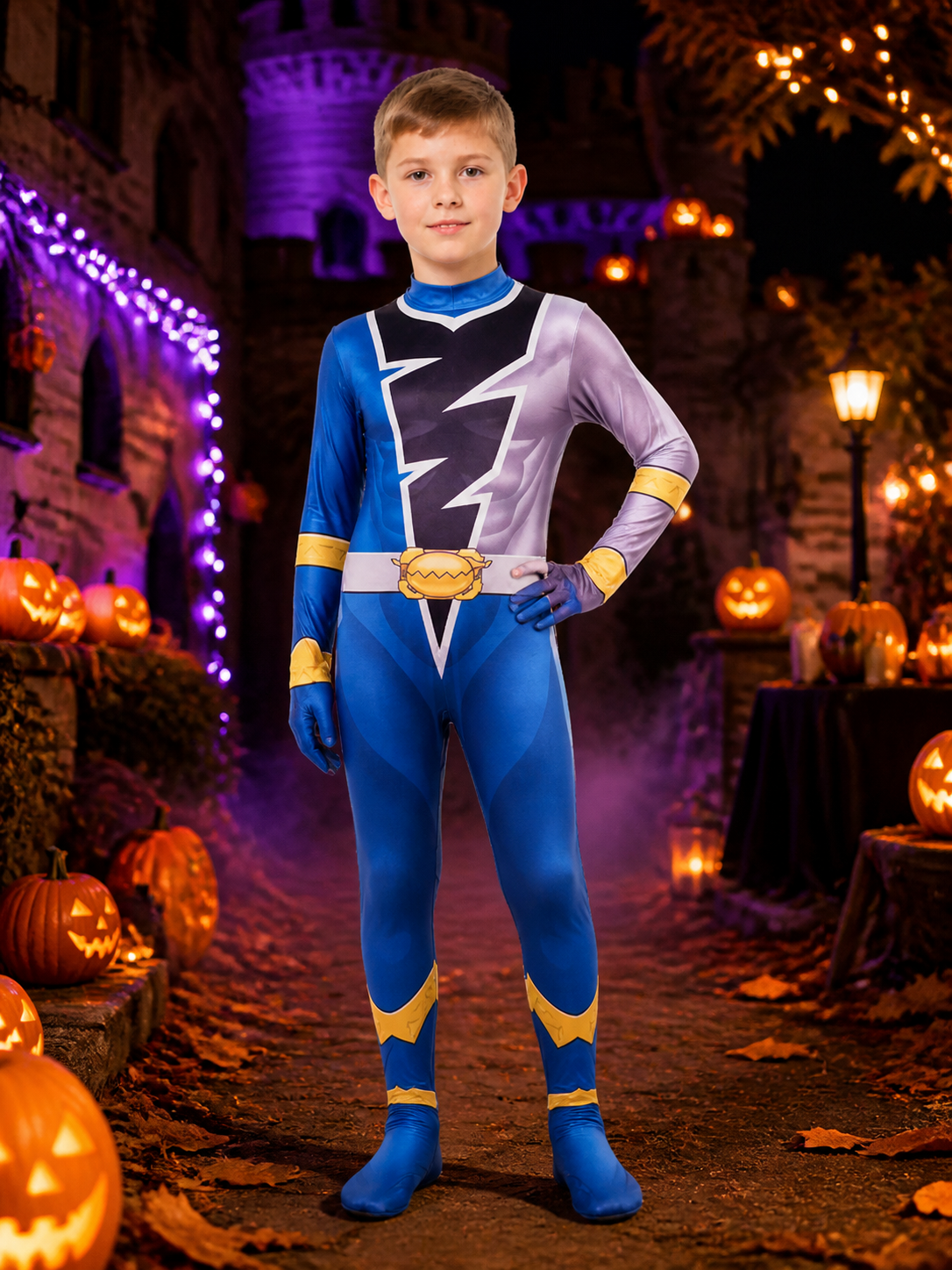 Geometric Color Block Hooded Bodysuit Costume with Lightning Print on-model Halloween scene view