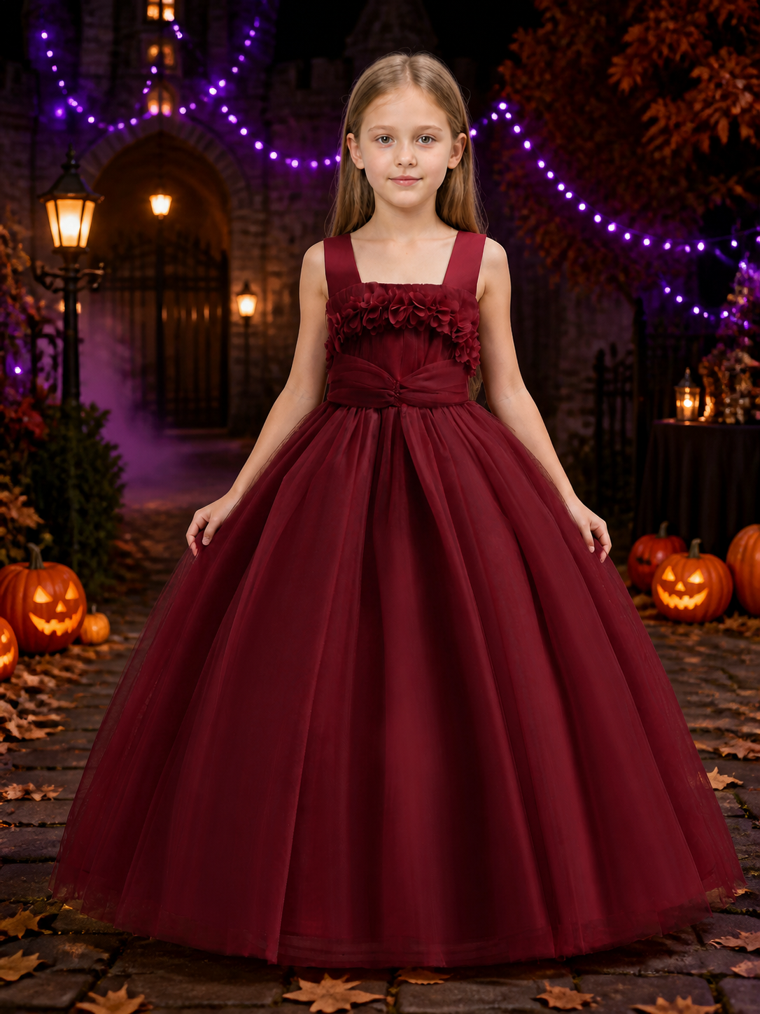 Girls' Burgundy Princess Dress, Floor-Length Tulle Formal Gown with Layered Costume Dresses detail 2