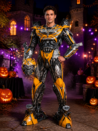 Full-Body Mechanical Armor Bodysuit Costume, Silver Gray, Yellow and Black Costumes detail 2