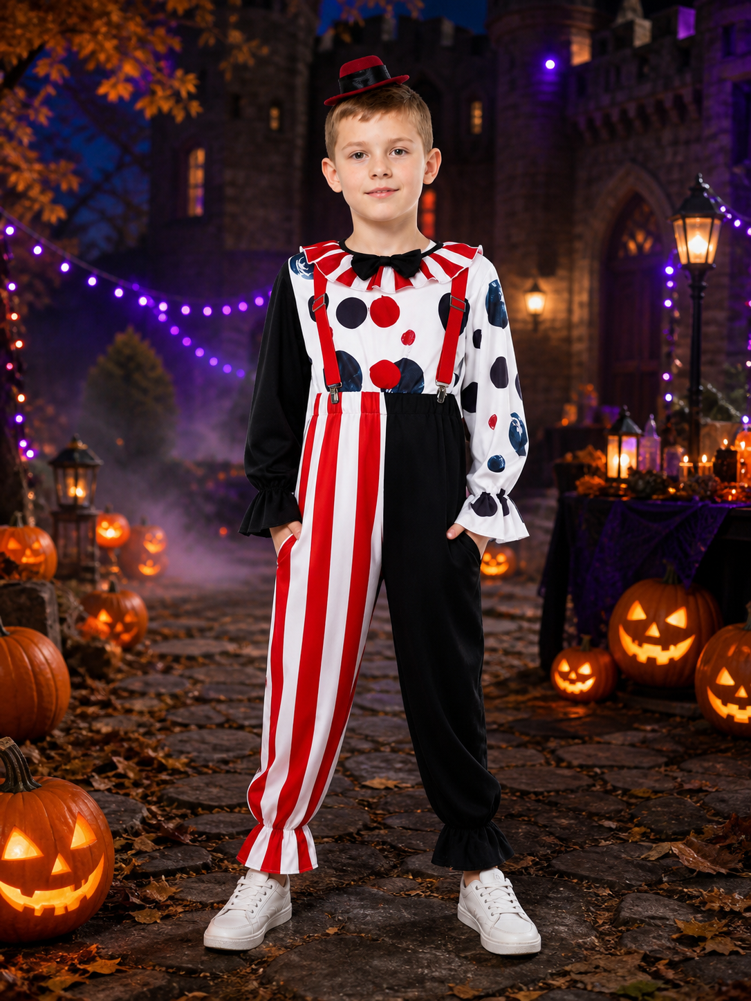 Men's Clown Costume Set With Polka Dot Top, Striped Pants, Hat and Suspenders Costume Headwear detail 2
