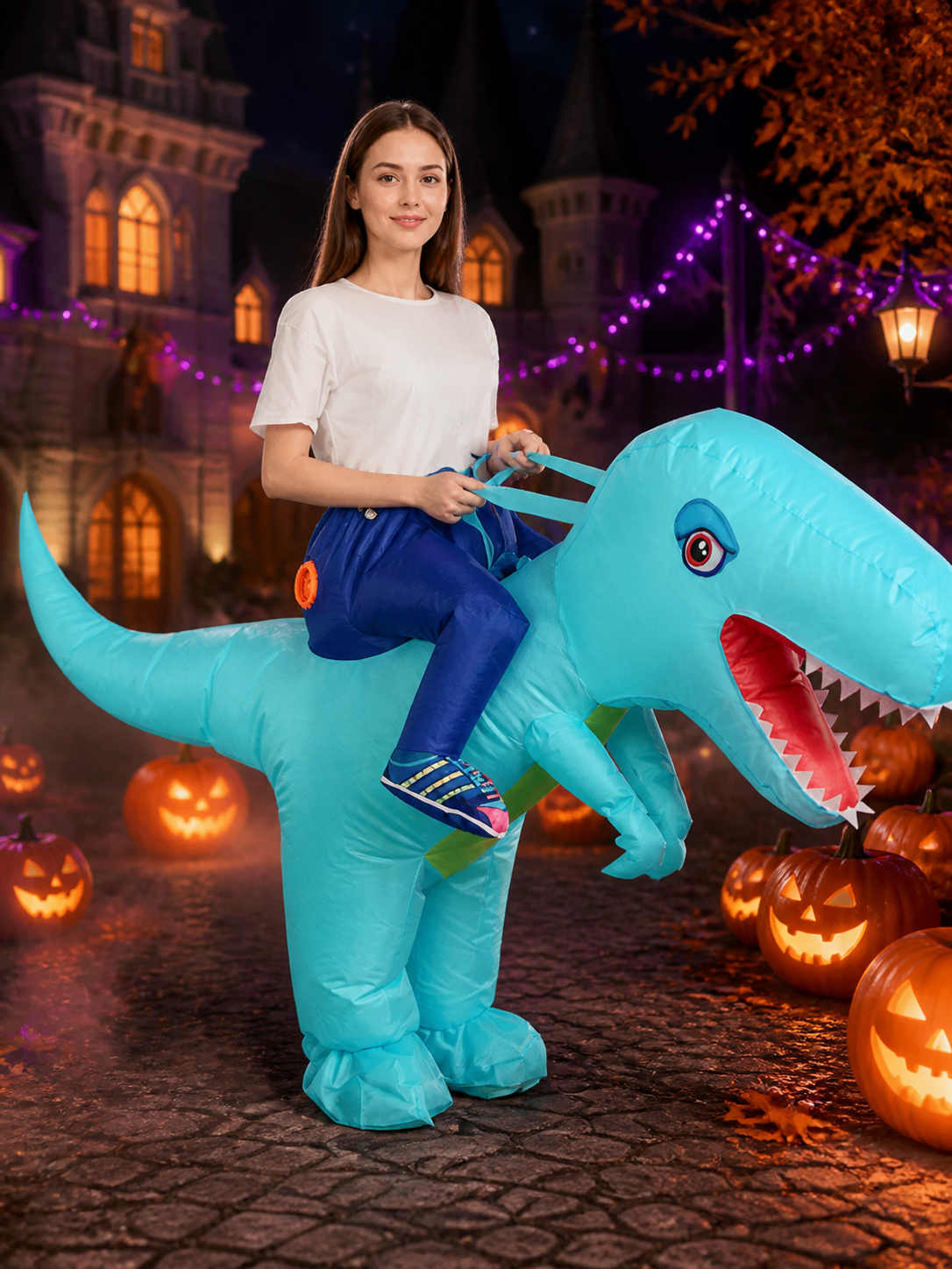 Funny Inflatable Blue-Green Dinosaur Costume for Kids and Adults with Open Mouth Costumes detail 2