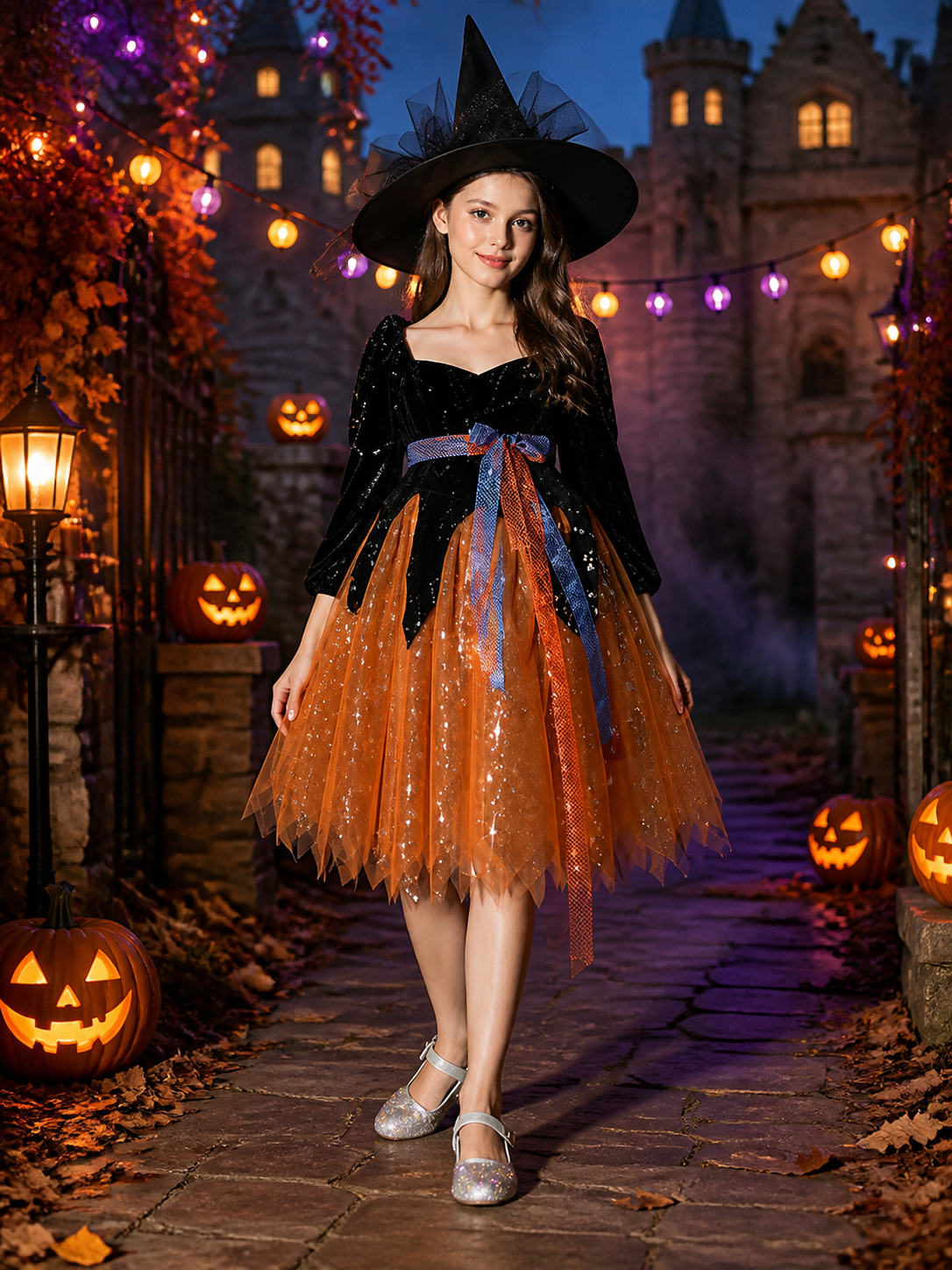 Witch Halloween Costume Set - Glitter Tulle Dress, Bow Belt & Pointed Hat Costume Dresses detail 2